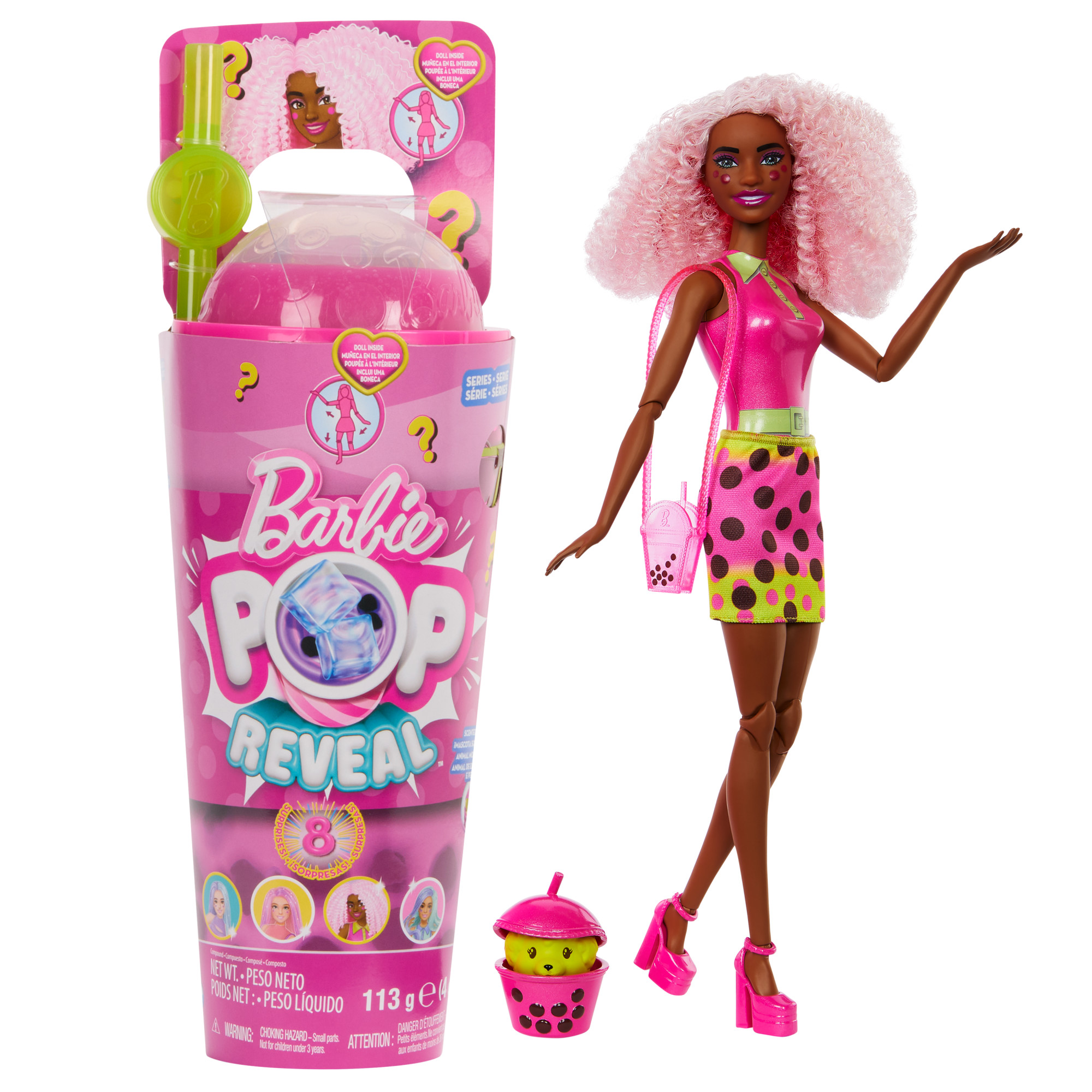 Barbie Pop Reveal Berry Doll Bubble Tea Series voňavá módna bábika, figúrka zvieraťa a 8 prekvapení vrátane meniacej farby, senzorická hračka, sada prekvapení, HTJ20 HTJ20